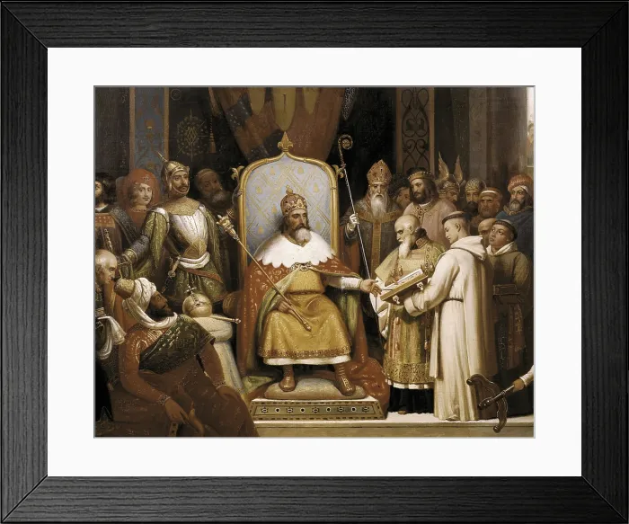 Framed Print : LAURE, Jean Franois Hyacinthe Jules (1806-1861). Alcuin presenting himself before Charlemagne. 1837. Central detail. Copy of a Victor Schnetz's work conservated at the Louvre