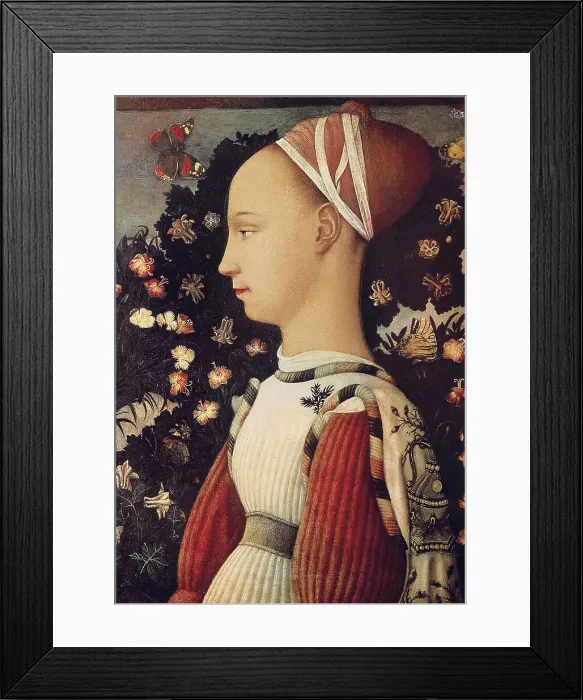 Framed Print : PISANELLO, Antonio di Puccio Pisano, called (1395-1455). Portrait of Ginevra d'Este. 1436 - 1438. Princess of the Este familiy. She married Sigismondo Malatesta in 1434