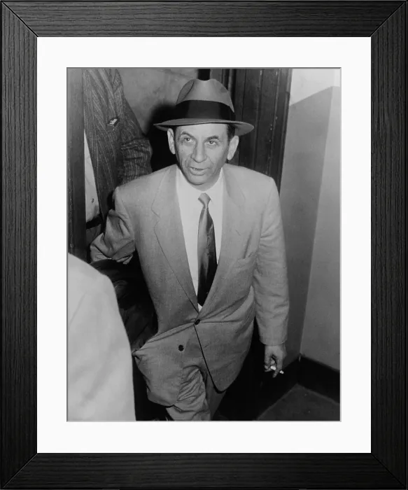 Framed Print : Gambling boss Meyer Lansky (1902-1983), led by a detective for booking on vagrancy charge at 54th Street police station, New York City, February 13, 1958