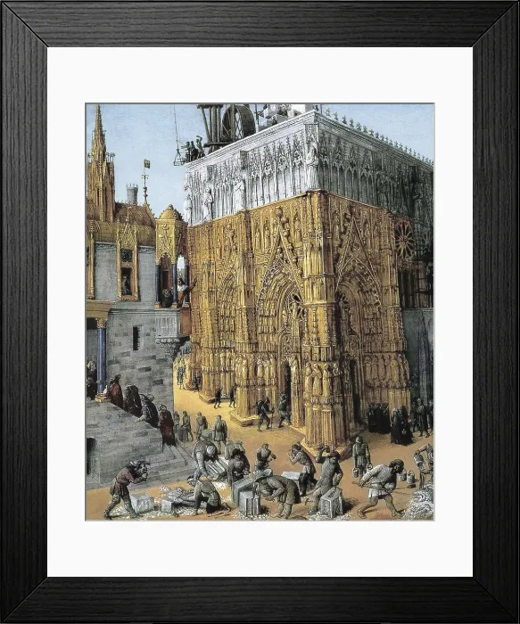 Framed Print : Fouquet, Jean (1420-1481). Fol. 163: The Building of the Temple of Jerusalem. Renaissance art. Miniature Painting. FRANCE. Paris. National Library