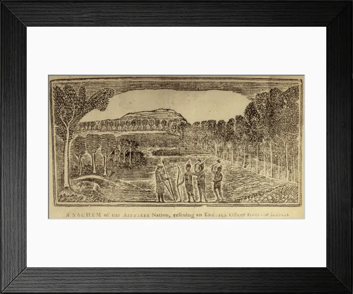Framed Print : A sachem of the Abenakee Nation rescuing an English officer from the Indians. woodcut, 1768