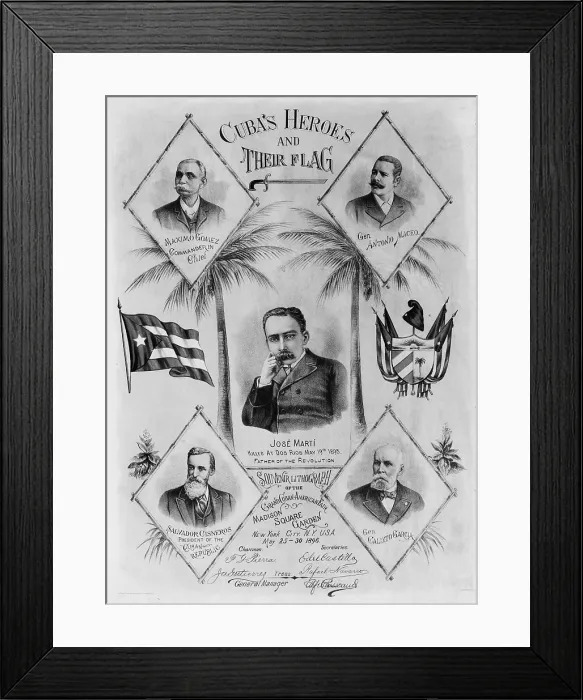 Framed Print : Cuba's heroes and their flag 1896 Portraits of Maximo Gomez, Gen. Antonio Maceo, Jos Mart, Salvador Cisneros, and Gen. Calixto Garcia. 1896