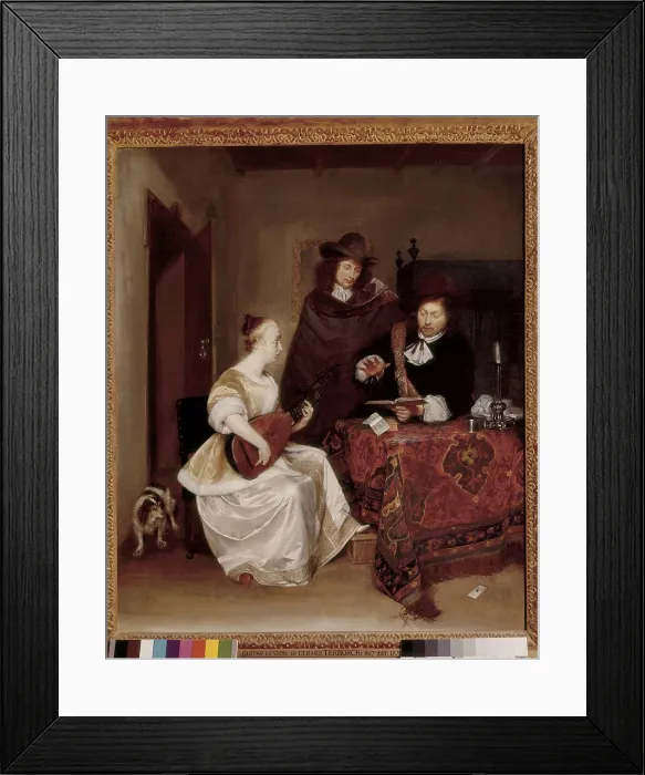Framed Print : TERBORCH, Gerard (1617-1681). Woman Playing a Theorbo to Two Men. 1667 - 1668. Baroque art. Oil on canvas. UNITED KINGDOM. London. National Gallery Framed Print : TERBORCH, Gerard (1617-1681). Woman Playing a Theorbo to Two Men. 1667 - 1668. Baroque art. Oil on canvas. UNITED KINGDOM. London. National Gallery