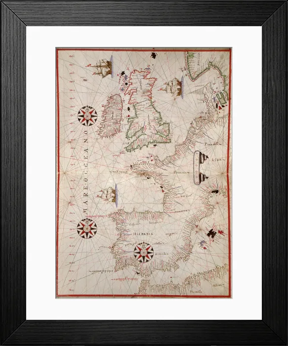 Framed Print : 1590 nautical map of wesern Europe, detailing coast of Spain, Portugal, France, Britain, Flanders, and Scandinavia Framed Print : 1590 nautical map of wesern Europe, detailing coast of Spain, Portugal, France, Britain, Flanders, and Scandinavia