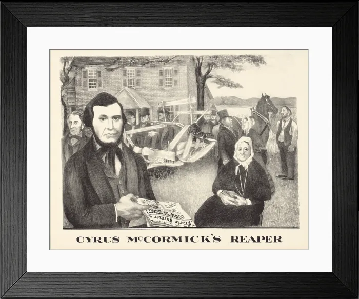 Framed Print : Cyrus McCormick's reaper. A n illustration of Cyrus McCormick and the mechanical reaper he invented. 1930s lithograph by Bernarda Bryson