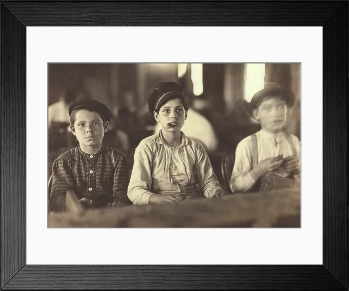 Framed Print : Young Cigarmakers. Three young boys at work in a cigar making factory, Tampa, FL. Photo by Lewis Wickes Hine, 1909