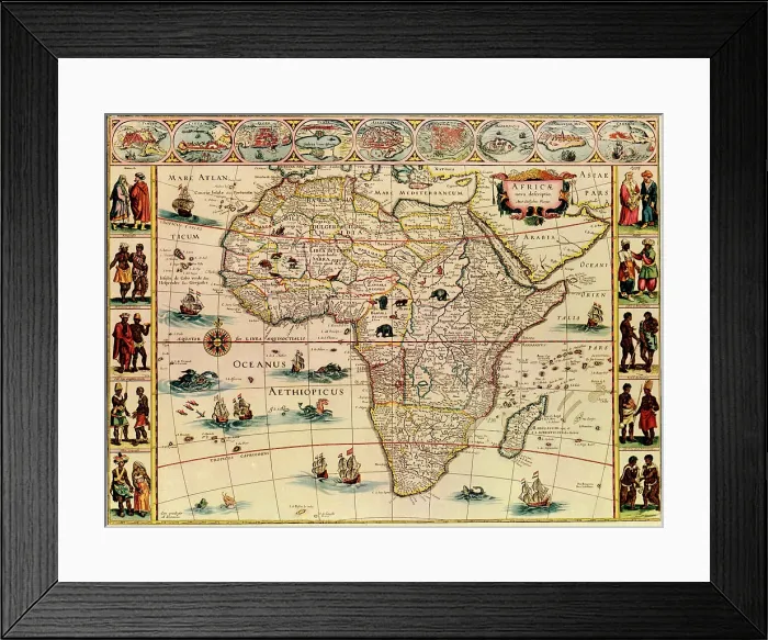Framed Print : Map of Africa from 1660s. Top border depicts African cities, and side borders show men and women of African peoples