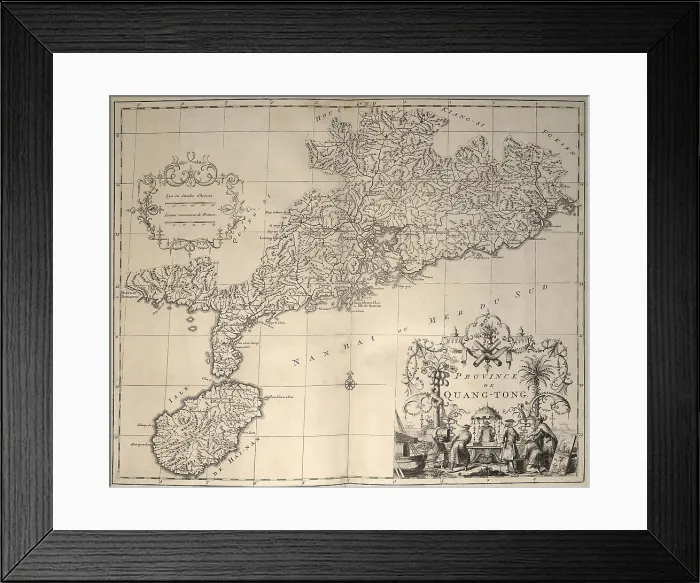 Framed Print : 1737 map of South China coast, including location of Hong Kong and Macao Island. Cartouche in lower right shows a European and Chinese engaging in trade Framed Print : 1737 map of South China coast, including location of Hong Kong and Macao Island. Cartouche in lower right shows a European and Chinese engaging in trade