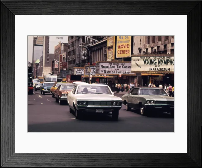 Framed Print : 1970s America. 42nd Street between 7th and 8th Avenues. Manhattan, New York City, ca. 1972