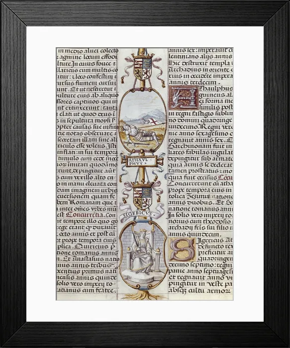 Framed Print : SIGERICO ( -415); ATAULPHUS ( -415). Visigothic king (410 - 415). Genealoga de los Reyes de Espaa. 1463. Work by CARTAGENAAlonso de (1384-1456). Miniature Painting. SPAIN. Madrid Framed Print : SIGERICO ( -415); ATAULPHUS ( -415). Visigothic king (410 - 415). Genealoga de los Reyes de Espaa. 1463. Work by CARTAGENAAlonso de (1384-1456). Miniature Painting. SPAIN. Madrid