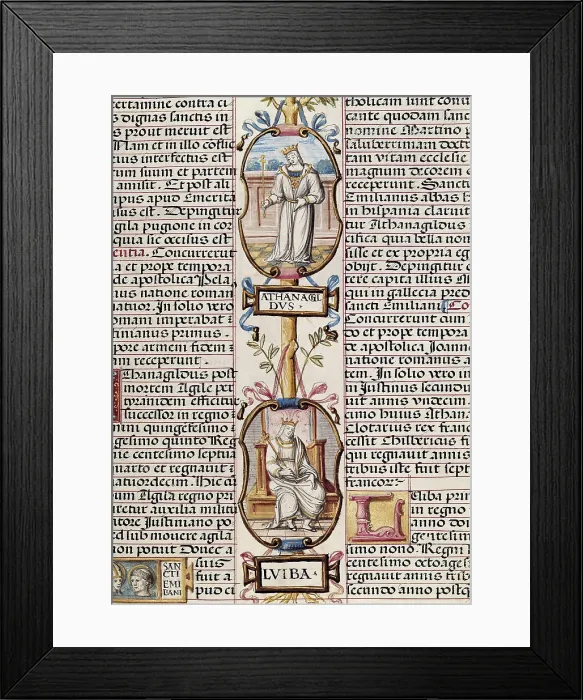 Framed Print : LIUVA I (-573). VisigothicKingofHispania (Spain)567-568.; ATHANAGILD (- 567). VisigothicKingofHispania (Spain)555-567. Mausoleum of Fabara; Genealoga de los Reyes de Espaa. 1463