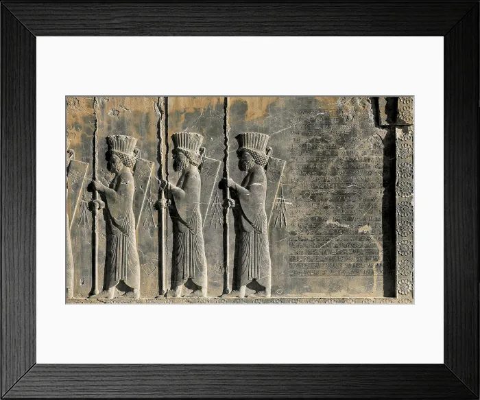 Framed Print : Persian soldiers. 6th c. - 5th c. BC. IRAN. Persepolis. Palace of Darius. Decoration of the staircase. Persian art. Achaemenid period. Relief on rock Framed Print : Persian soldiers. 6th c. - 5th c. BC. IRAN. Persepolis. Palace of Darius. Decoration of the staircase. Persian art. Achaemenid period. Relief on rock