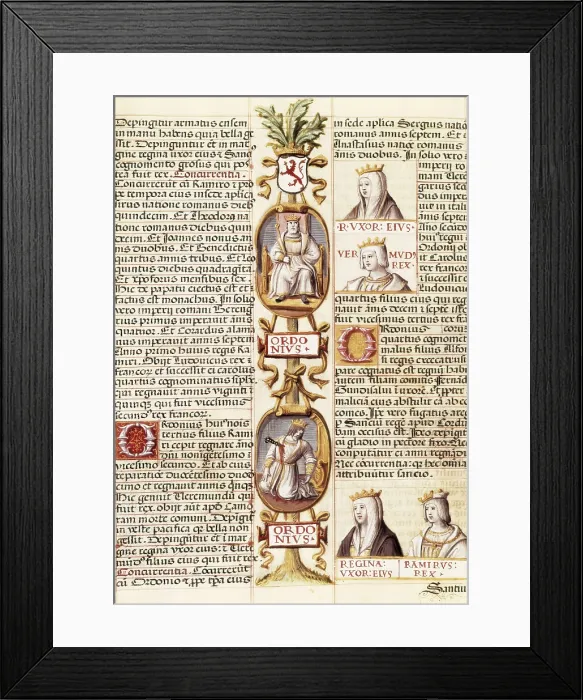 Framed Print : Portrait of several kings of Asturias and LeonOrdooRamiro. Genealoga de los Reyes de Espaa. 1463. Work by CARTAGENAAlonso de (1384-1456). Miniature Painting. SPAIN. Madrid