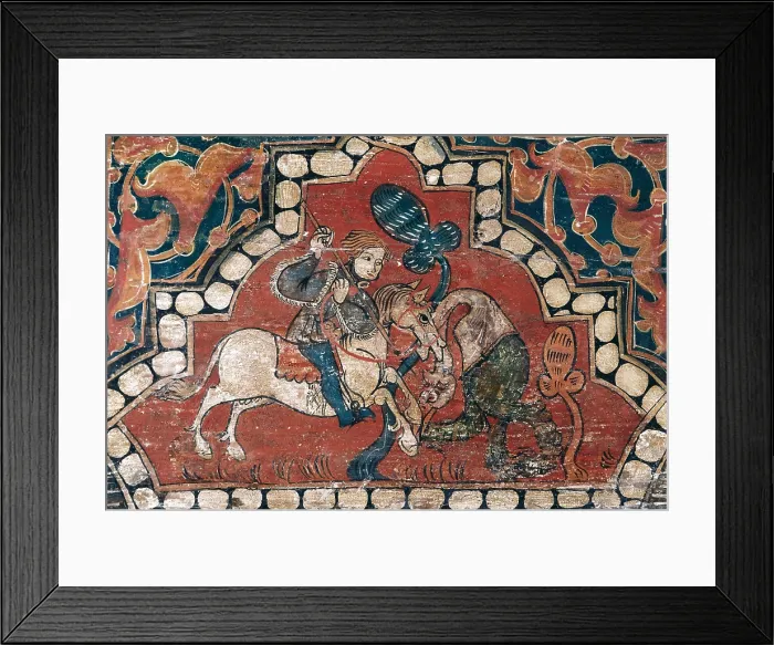 Framed Print : Panelled ceiling detail. The fight between a knight and a dragon (15th c.). Gothic art. Painting. SPAIN. Vic. Vic Episcopal Museum. AISA / Everett Collection (1972)**US SALES ONLY**