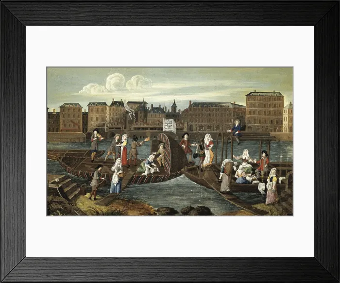 Framed Print : France (17th c.). Paris. Fish shop and a laundry ship in the Magisserie wharf. Baroque art. Oil on canvas. FRANCE. Paris. Muse Carnavalet (Carnavalet Museum)