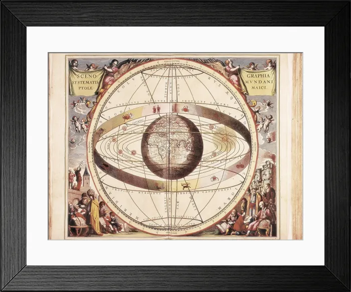 Framed Print : Atlas Coelestis seu Harmonia Macrocosmica (1661) by Andreas Cellarius. 'Scenographia systematis mundani ptolemaici'representation of the Ptolemaic universe. Engraving