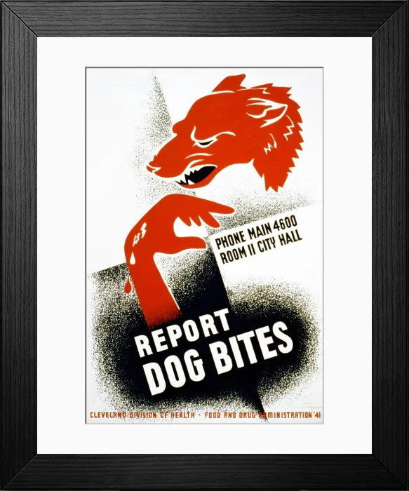 Framed Print : Poster for the Cleveland Division of Health encouraging dog bite victims to report dog bites to the proper authorities, showing dog and injured hand