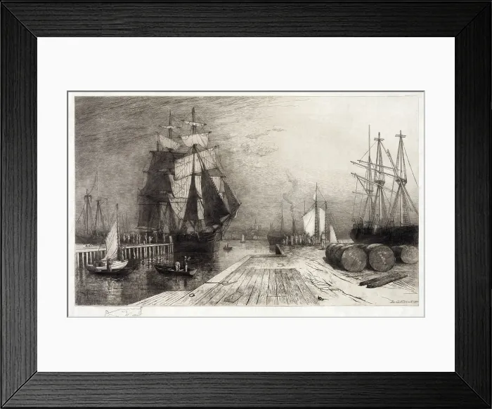 Framed Print : Return of the Whaler, etching with ships and dock, circa late 1800s Framed Print : Return of the Whaler, etching with ships and dock, circa late 1800s