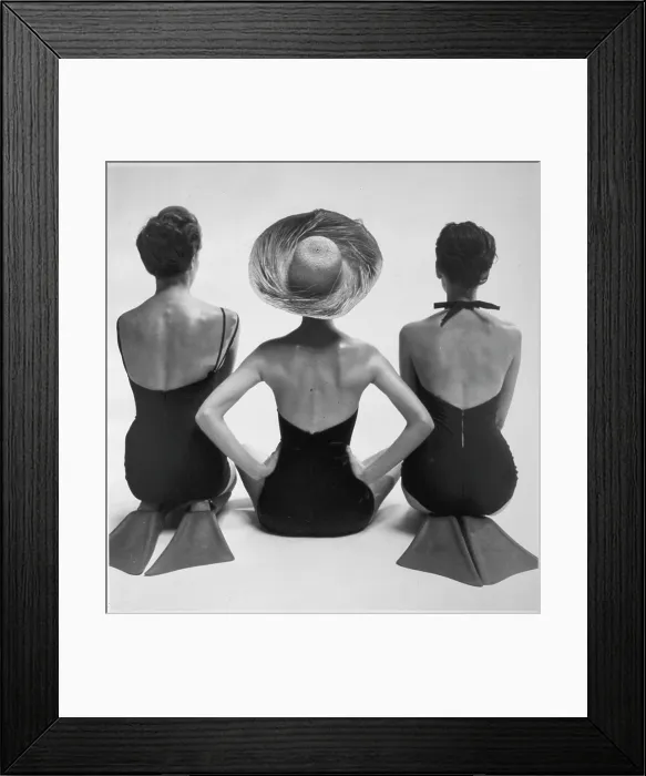 Framed Print : Back view of fashion models in swim suits, two kneeling wearing swim fins, and one seated, photograph by Toni Frissell, circa 1950 Framed Print : Back view of fashion models in swim suits, two kneeling wearing swim fins, and one seated, photograph by Toni Frissell, circa 1950