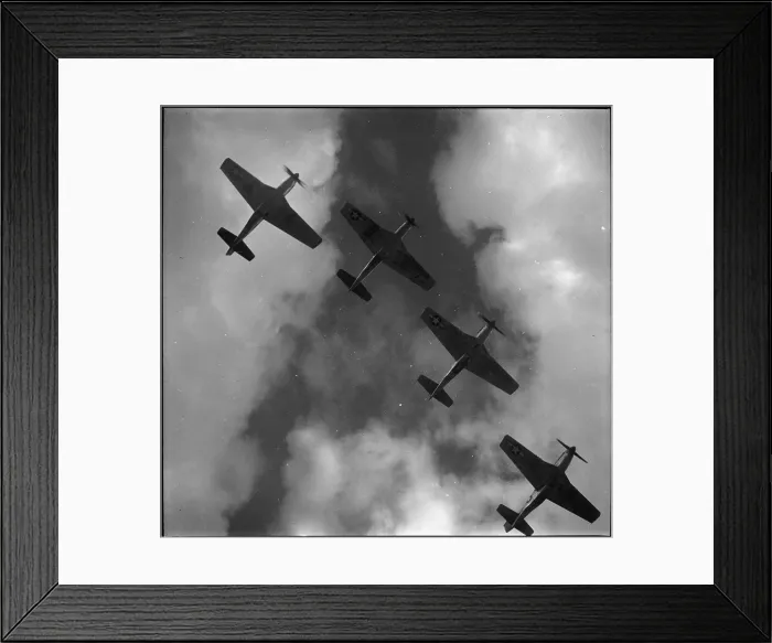 Framed Print : World War II: Four P-51 Mustangs flying in formation, Ramitelli, Italy, photograph by Toni Frissell, March, 1945