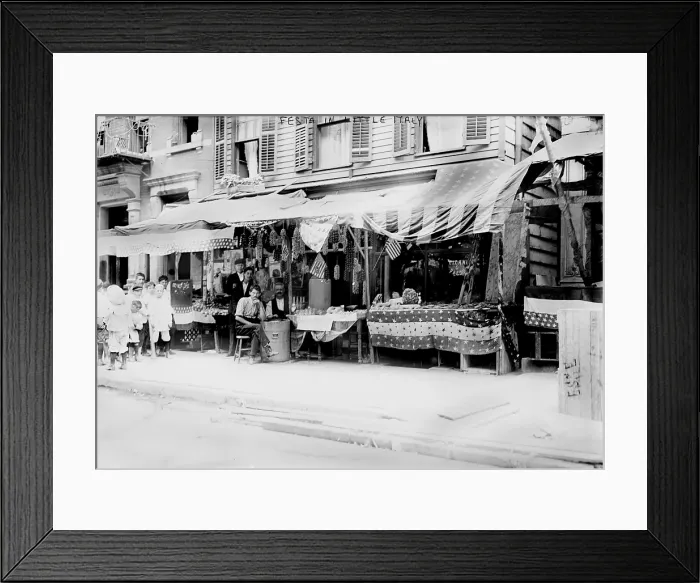 Framed Print : New York City, Italian wares on display in front of shops in Little Italy, circa early 1900s Framed Print : New York City, Italian wares on display in front of shops in Little Italy, circa early 1900s