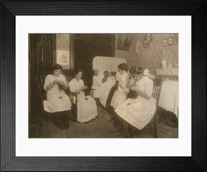 Framed Print : New York City, Italian family crocheting bags. Father sick in bed (not contagious), circa early November, photograph by Lewis Wickes Hine, 1912 Framed Print : New York City, Italian family crocheting bags. Father sick in bed (not contagious), circa early November, photograph by Lewis Wickes Hine, 1912