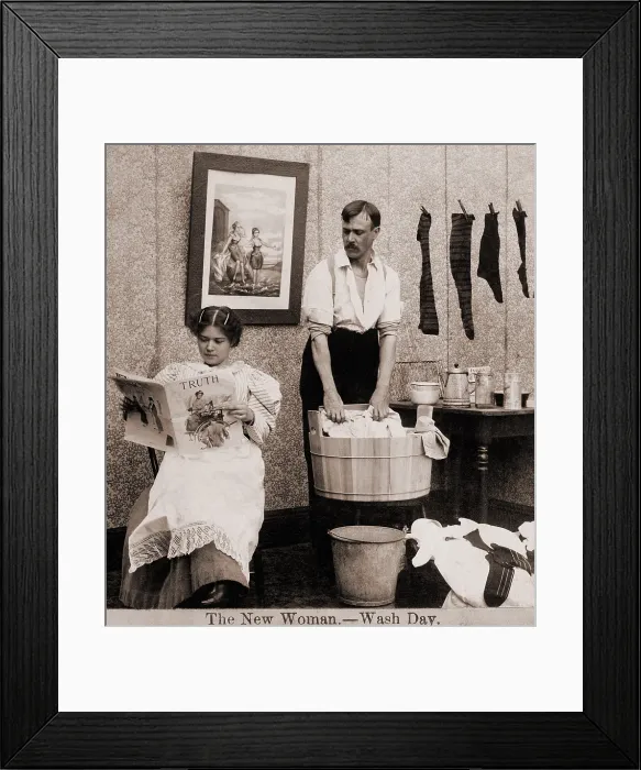 Framed Print : Satire of feminism and women's rights advocacy showing an extreme role reversal in a 1900's American home