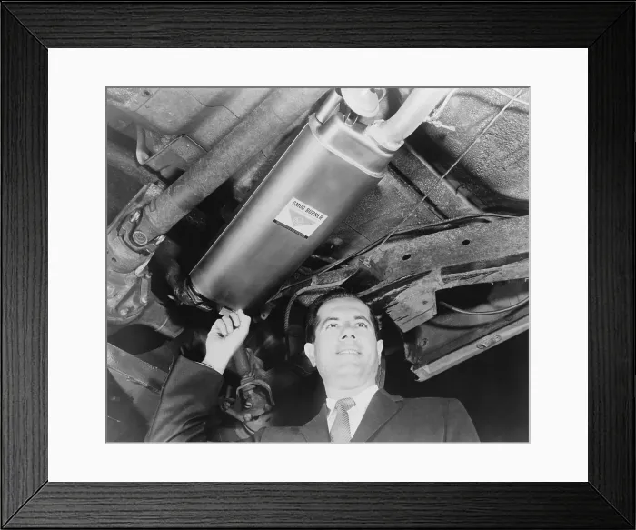 Framed Print : An early predecessor of emission control devices for cars is introduced by Harold Lipchik of American Machine and Foundry Company in 1964 Framed Print : An early predecessor of emission control devices for cars is introduced by Harold Lipchik of American Machine and Foundry Company in 1964