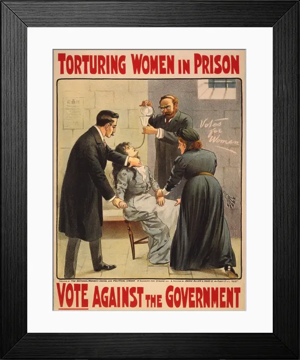 Framed Print : National Women's Social and Political Union poster of British suffragist hunger strikers being force fed in prison. Cal 1910
