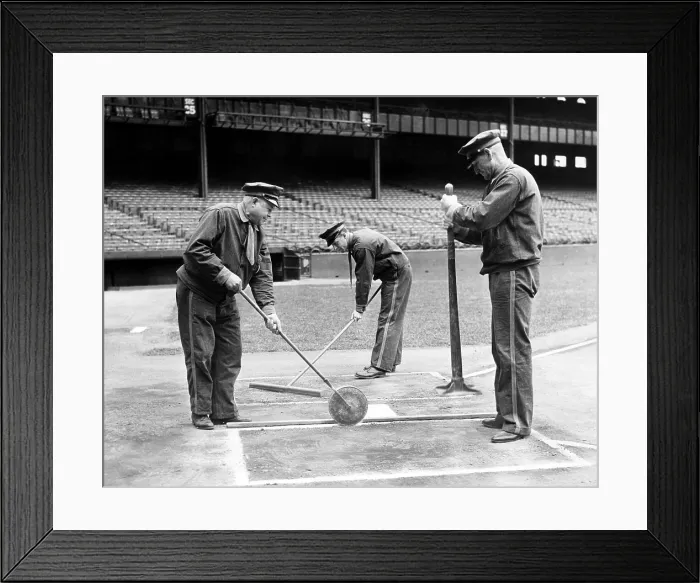 Framed Print : Groundskeepers preparing home plate for the World Series, Yankee Stadium, New York City, October 4, 1939.. Courtesy: CSU Archives  /  Everett Collection