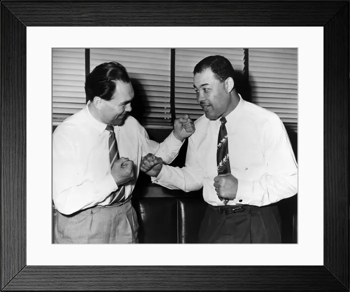 Framed Print : Joe Louis and Max Schmeling mock box with each other while wearing white shirts and ties, Chicago