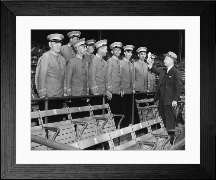 Framed Print : Head usher giving instructions to his staff before the start of the World Series, Yankee Stadium, New York City, October 4, 1939.. Courtesy: CSU Archives / Everett Collection Framed Print : Head usher giving instructions to his staff before the start of the World Series, Yankee Stadium, New York City, October 4, 1939.. Courtesy: CSU Archives / Everett Collection