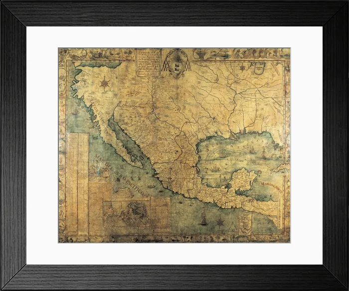 Framed Print : Map of Nueva Espana (1767) by Jose Antonio Alzate. Addressed to the Cardinal and General Inquisitor Francisco Antonio de Lorenzana. SPAIN. Madrid. Navy Museum