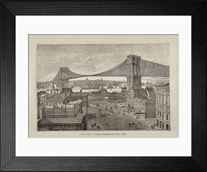 Framed Print : New York. Hanging bridge. Illustration of the 'Diccionario de Arquitectura e Ingenieria' by Pelayo Clairac y SAenz (1879). Etching. SPAIN. Madrid Framed Print : New York. Hanging bridge. Illustration of the 'Diccionario de Arquitectura e Ingenieria' by Pelayo Clairac y SAenz (1879). Etching. SPAIN. Madrid