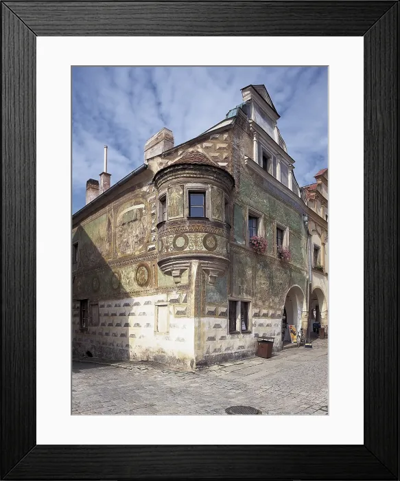 Framed Print : CZECH Rep.. Telc. Faade of the house n 15 decorated with religious subjects: Crucifixin, kings Saul and David, Saint Christopher and allegories of Faith and Justice