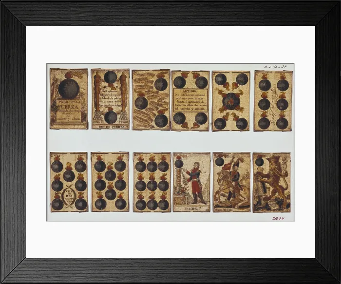 Framed Print : Spanish Civil War of 1820-1823. Pack of cards decorated with liberal and militar drawings: 1812 Constitution articles and portraits of generals Velarde and Riego. SPAIN. Madrid Framed Print : Spanish Civil War of 1820-1823. Pack of cards decorated with liberal and militar drawings: 1812 Constitution articles and portraits of generals Velarde and Riego. SPAIN. Madrid