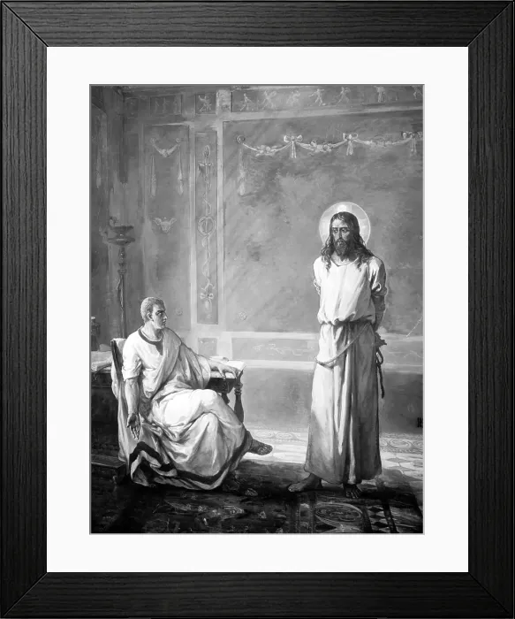 Framed Print : Jesus Christ, title: Jesus Christ tried by Pilate, from Christ's Passion set of paintings by Kosheleff, circa early 1900s