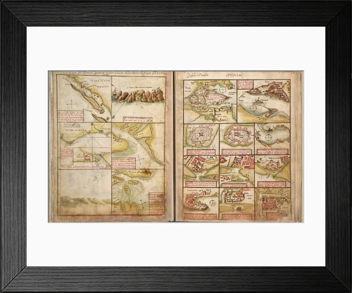 Framed Print : Portuguese maps showing views of port settlements and fortifications in Africa and Asia, from 1630 atlas Framed Print : Portuguese maps showing views of port settlements and fortifications in Africa and Asia, from 1630 atlas