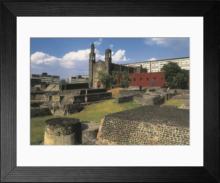 Framed Print : MEXICO. FEDERAL DISTRICT. Mexico City. Square of the Three Cultures. Franciscan church of Santiago de Tlatelolco surrounded by Aztec ruins