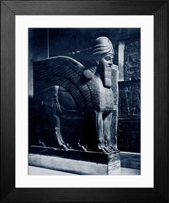 Framed Print : Colossal statue of a winged lion (lamassu) from the North-West Palace of Ashurnasirpal II, from Nimroud, ca 883-859 BC; photo ca 1860