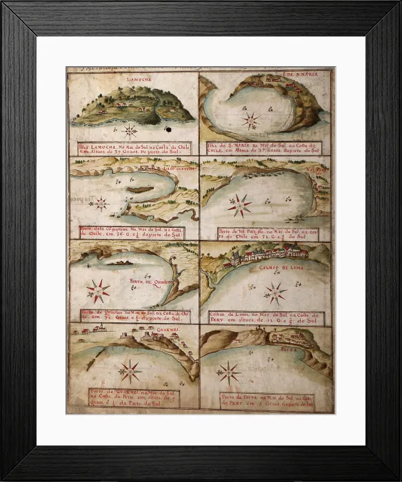 Framed Print : 1630 views of ports of Peru and Chile, including Lima, Peru and Concepcion, Chile