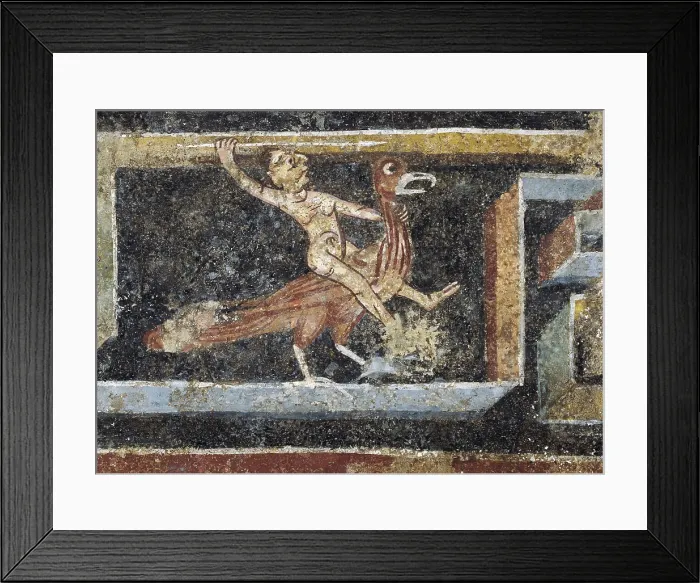 Framed Print : Mythological scene. 11th c. Romanesque art. Fresco. SPAIN. Solsona. Diocesan and Regional Museum. Proc: SPAIN. Cercs. Church of St. Quirs de Pedret
