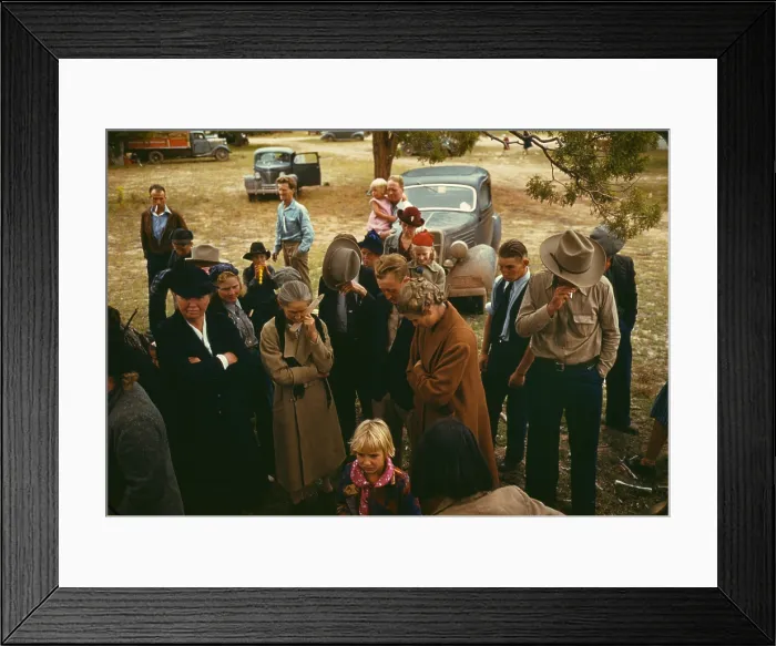 Framed Print : Religion, Grace was said before the barbecue was served at the Pie Town, New Mexico fair, photograph by Lee Russell, from U.S. War Office of Information, 1944