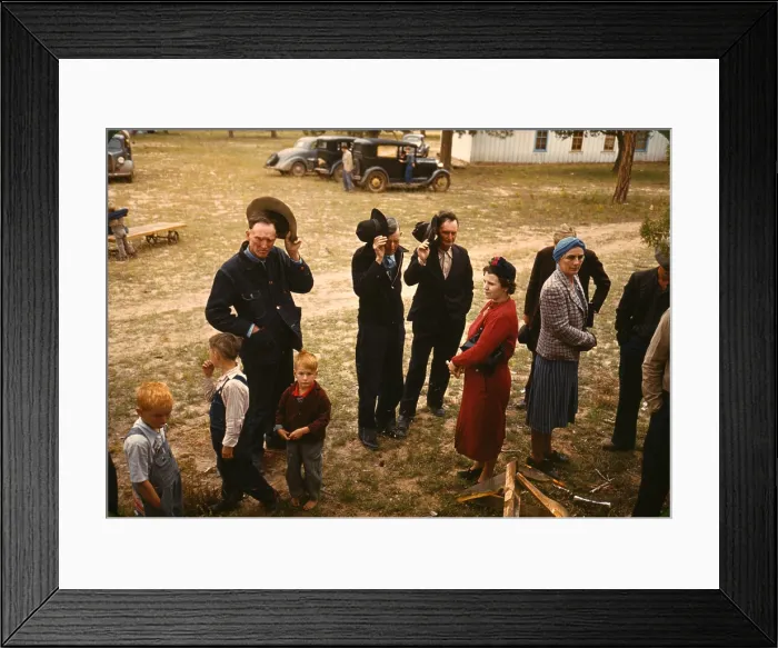 Framed Print : Religion, saying grace before the barbecue dinner at the Pie Town, New Mexico fair, photograph by Lee Russell, from U.S. War Office of Information, 1944