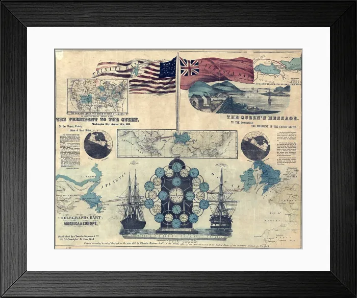 Framed Print : Poster commemorating the celebration in 1858 of the new Atlantic cable with the text of telegraph messages between Britain's Queen Victoria and USA's President Buchanan Framed Print : Poster commemorating the celebration in 1858 of the new Atlantic cable with the text of telegraph messages between Britain's Queen Victoria and USA's President Buchanan