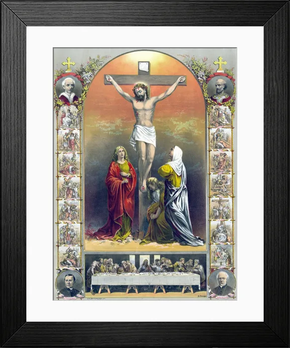Framed Print : Jesus Christ, The crucifixion and the way of the holy cross, lithograph depicting the crucifixion (center), the stations of the cross (at left and right)