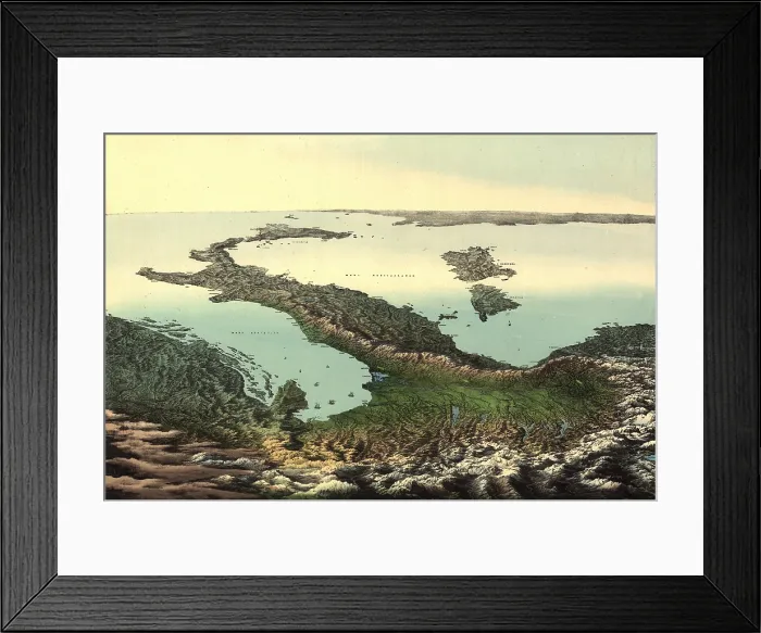 Framed Print : Imaginative bird's eye view of Italian peninsula looking south from the Alps. View shows Mediterranean Islands, Adriatic Coast, and North Africa