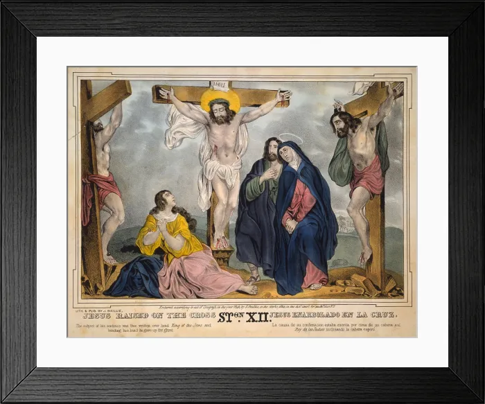 Framed Print : Jesus Christ, Jesus raised on the cross, Mary (second from right), mourns below, James S. Baillie, lithograph, circa 1846