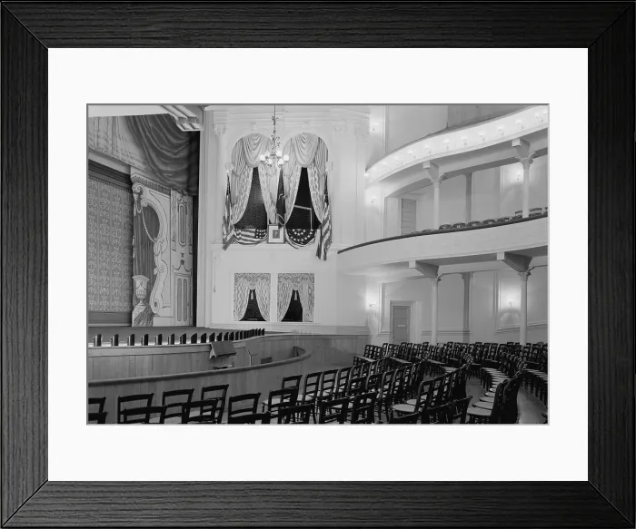 Framed Print : Theaters, Ford's Theater, site of the Assassination of President Abraham Lincoln, interior, Presidential box from orchestra, 511 Tenth Street Northwest, Washington DC
