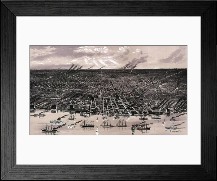 Framed Print : Detroit. Birds eye view--showing about three miles square--of the central portion of the city of Detroit, Michigan. Color lithograph, ca. 1889
